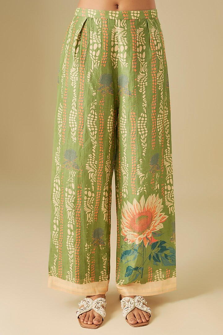 Green Linen Embroidered Co-Ord Set by Soup by Sougat Paul at Pernia's Pop Up Shop