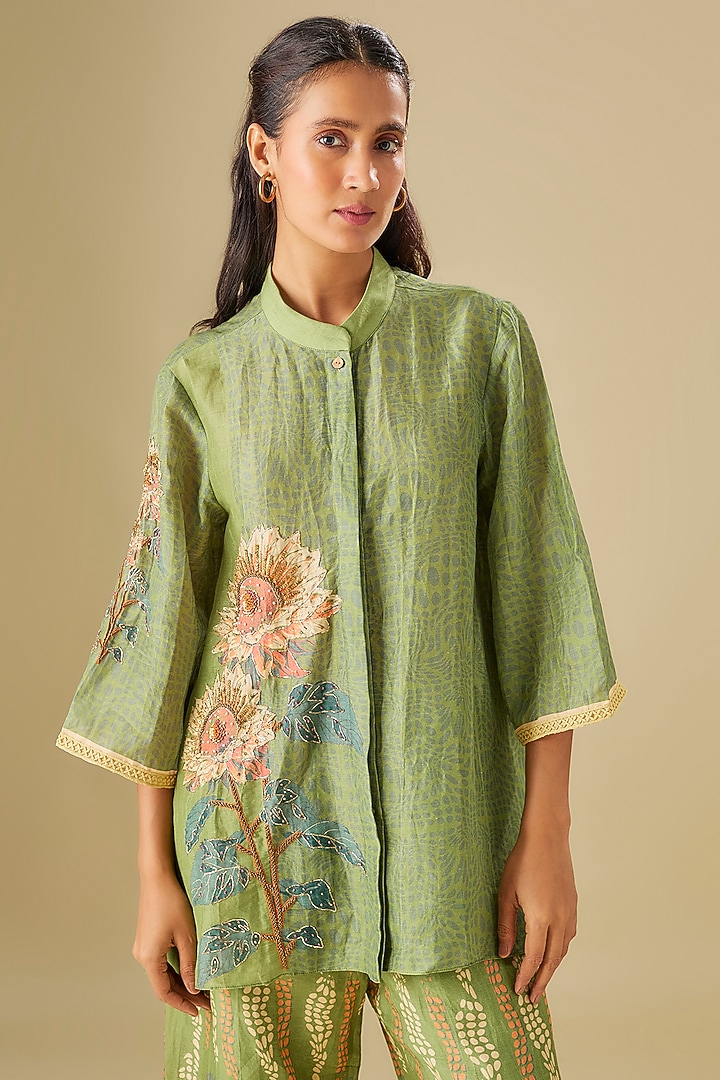 Green Linen Embroidered Co-Ord Set by Soup by Sougat Paul at Pernia's Pop Up Shop