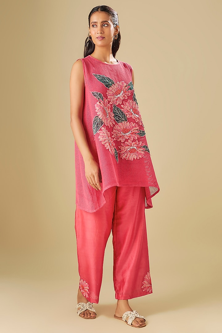 Pink Cotton Net Floral Applique Co-Ord Set by Soup by Sougat Paul at Pernia's Pop Up Shop