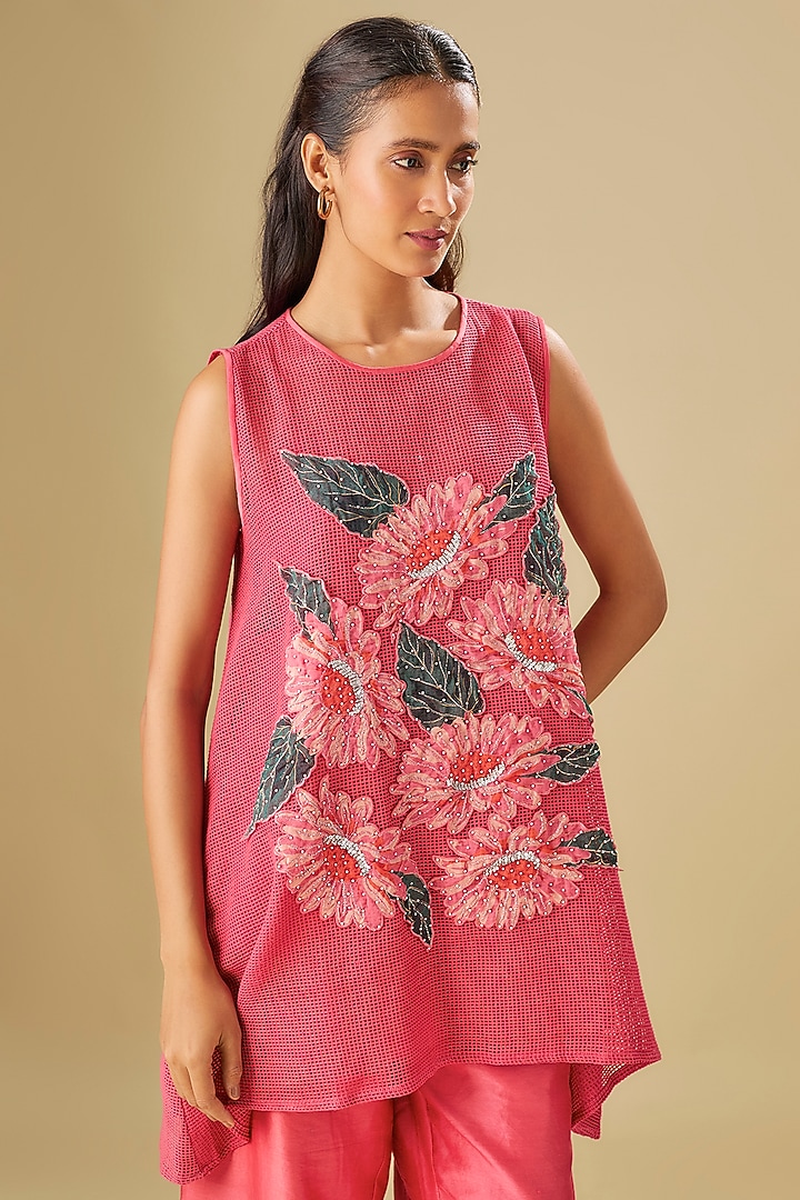 Pink Cotton Net Floral Applique Co-Ord Set by Soup by Sougat Paul at Pernia's Pop Up Shop