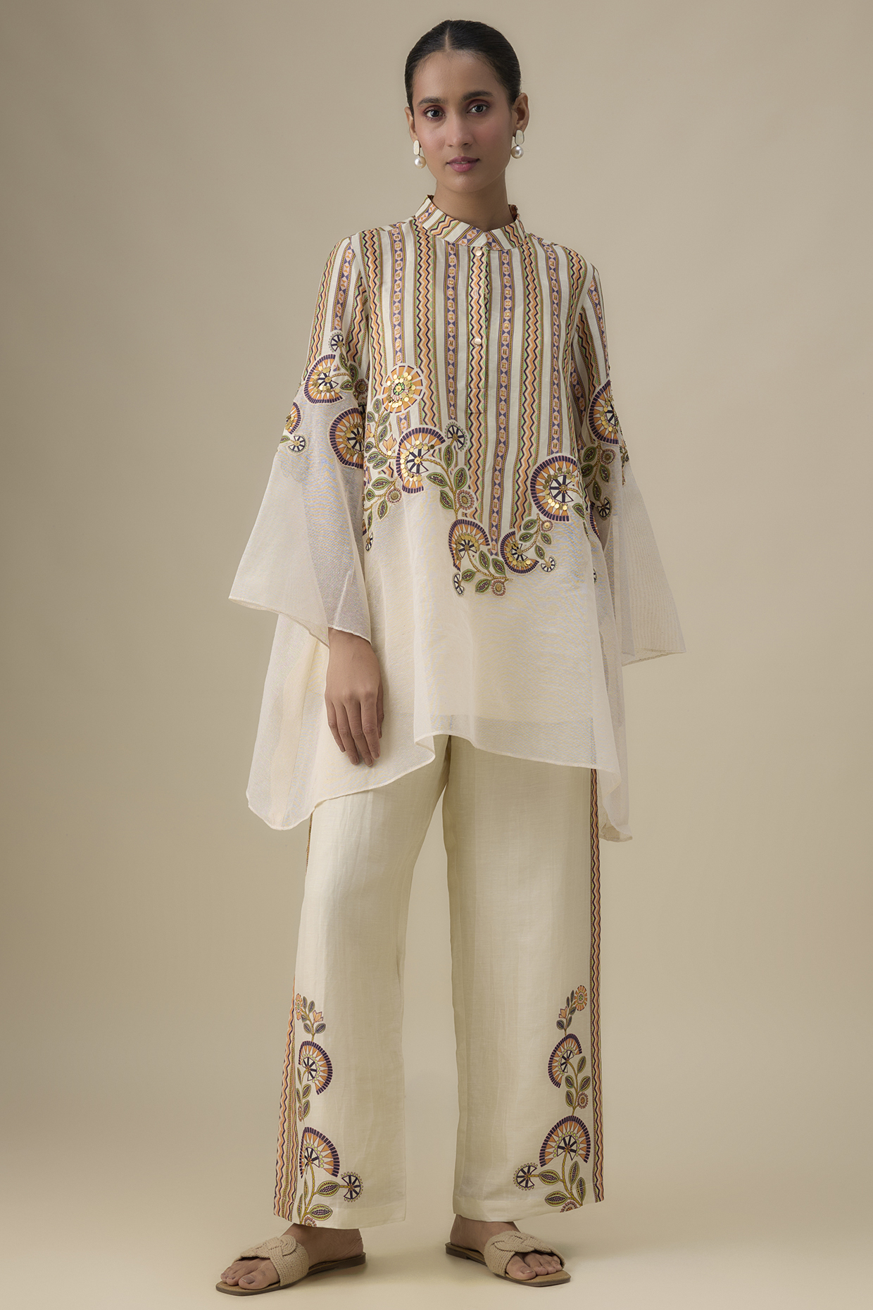 Beige Linen Printed & Embroidered Co-Ord Set by Soup by Sougat Paul at Pernia's Pop Up Shop