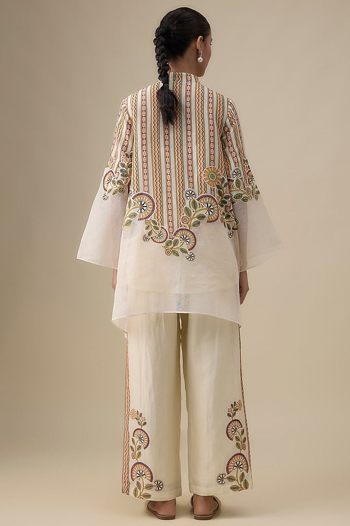 Beige Malaysian Silk Applique Embroidered Kurta Set by Soup by Sougat Paul at Pernia's Pop Up Shop
