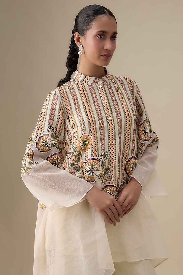 Beige Malaysian Silk Applique Embroidered Kurta Set by Soup by Sougat Paul at Pernia's Pop Up Shop
