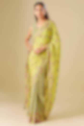 Green Organza Geometric Embroidered Pre-Stitched Wedding Saree Set by Soup by Sougat Paul at Pernia's Pop Up Shop