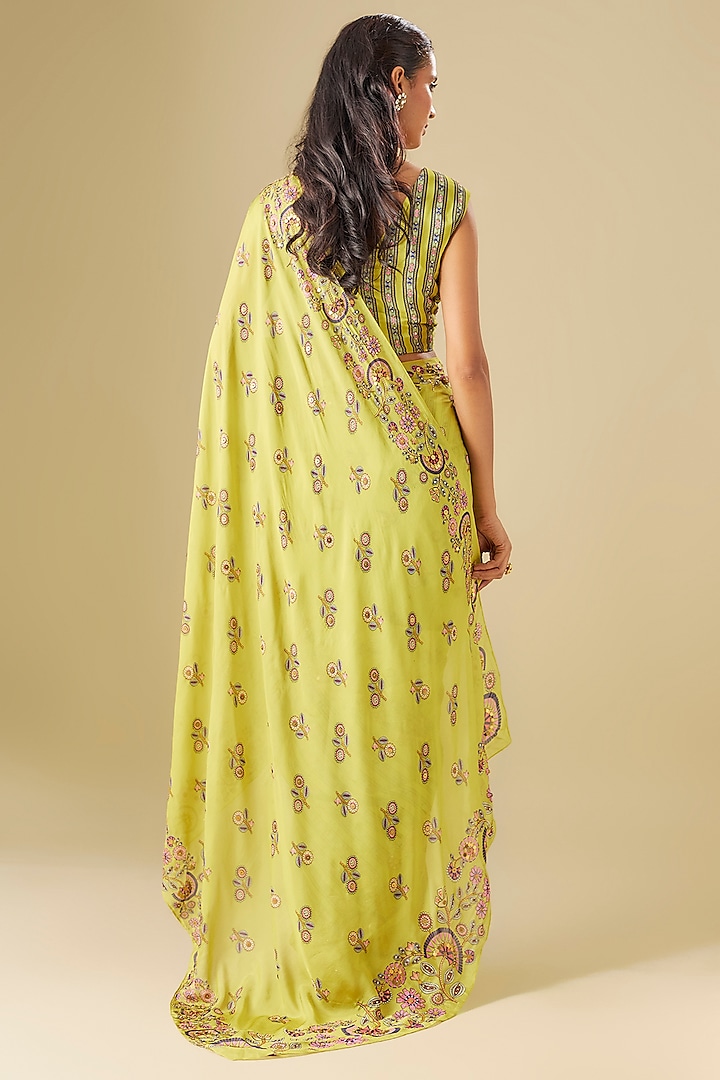 Green Organza Geometric Embroidered Pre-Stitched Wedding Saree Set by Soup by Sougat Paul at Pernia's Pop Up Shop