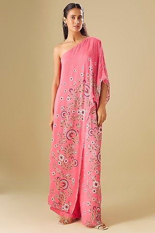 Pink Sequin Hand Embroidered One-Shoulder Jumpsuit by Soup by Sougat Paul