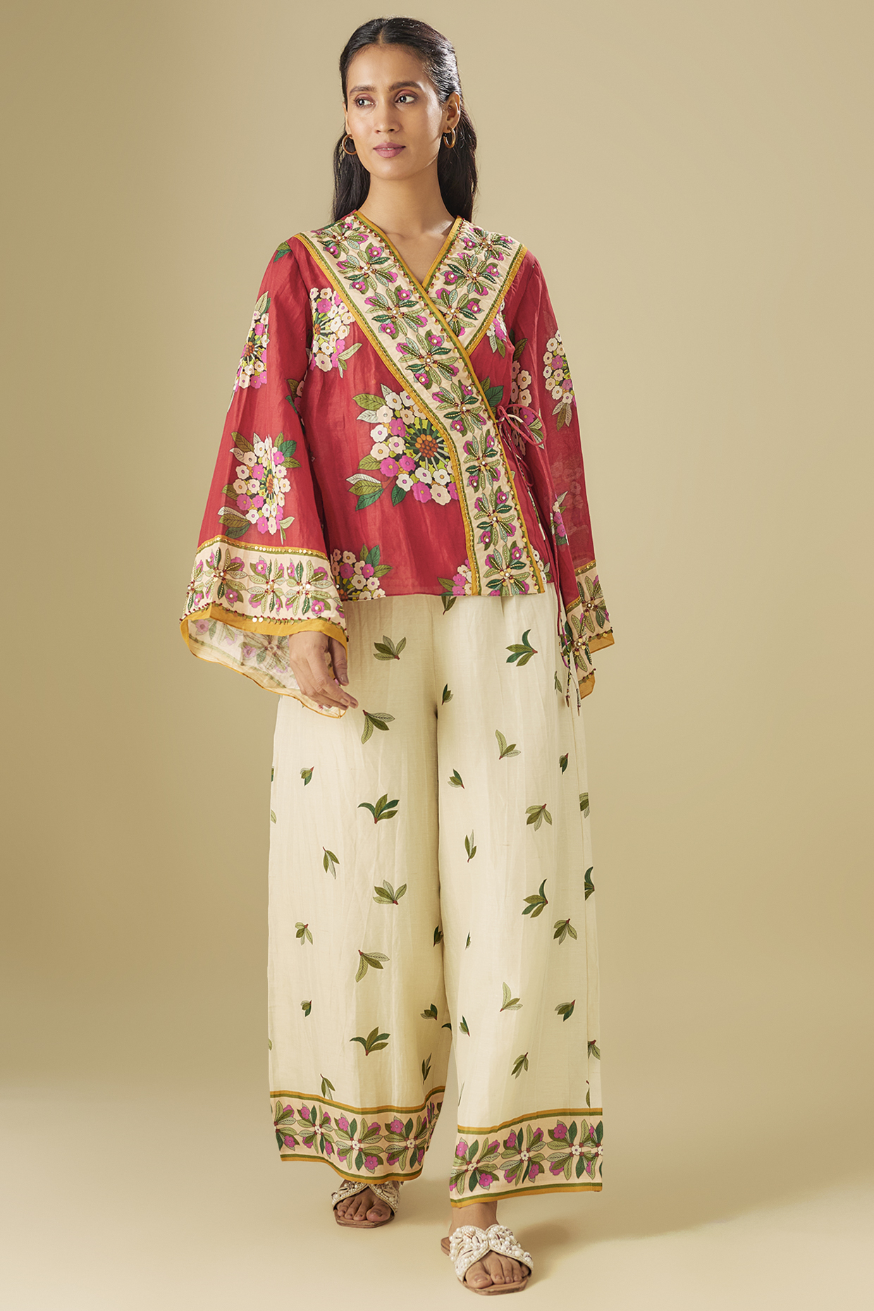 Red Linen Hand Embroidered Co-Ord Set by Soup by Sougat Paul at Pernia's Pop Up Shop