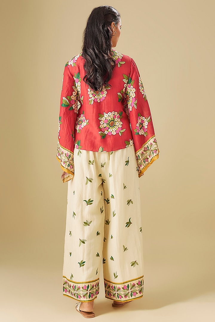 Red Linen Hand Embroidered Co-Ord Set by Soup by Sougat Paul at Pernia's Pop Up Shop