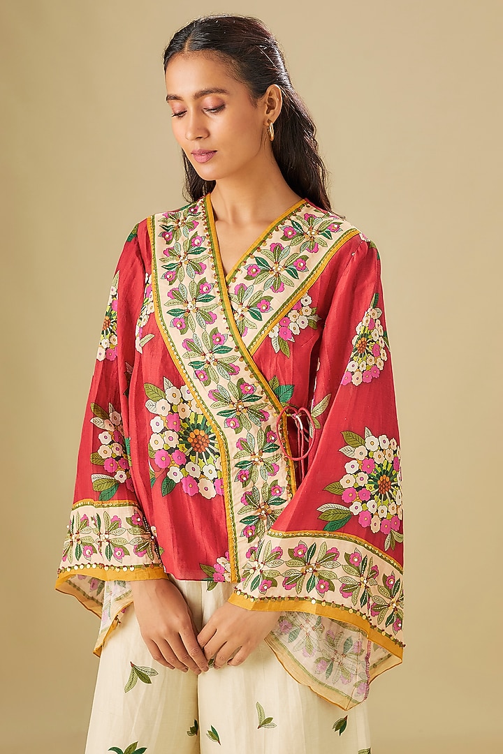 Red Linen Hand Embroidered Co-Ord Set by Soup by Sougat Paul at Pernia's Pop Up Shop