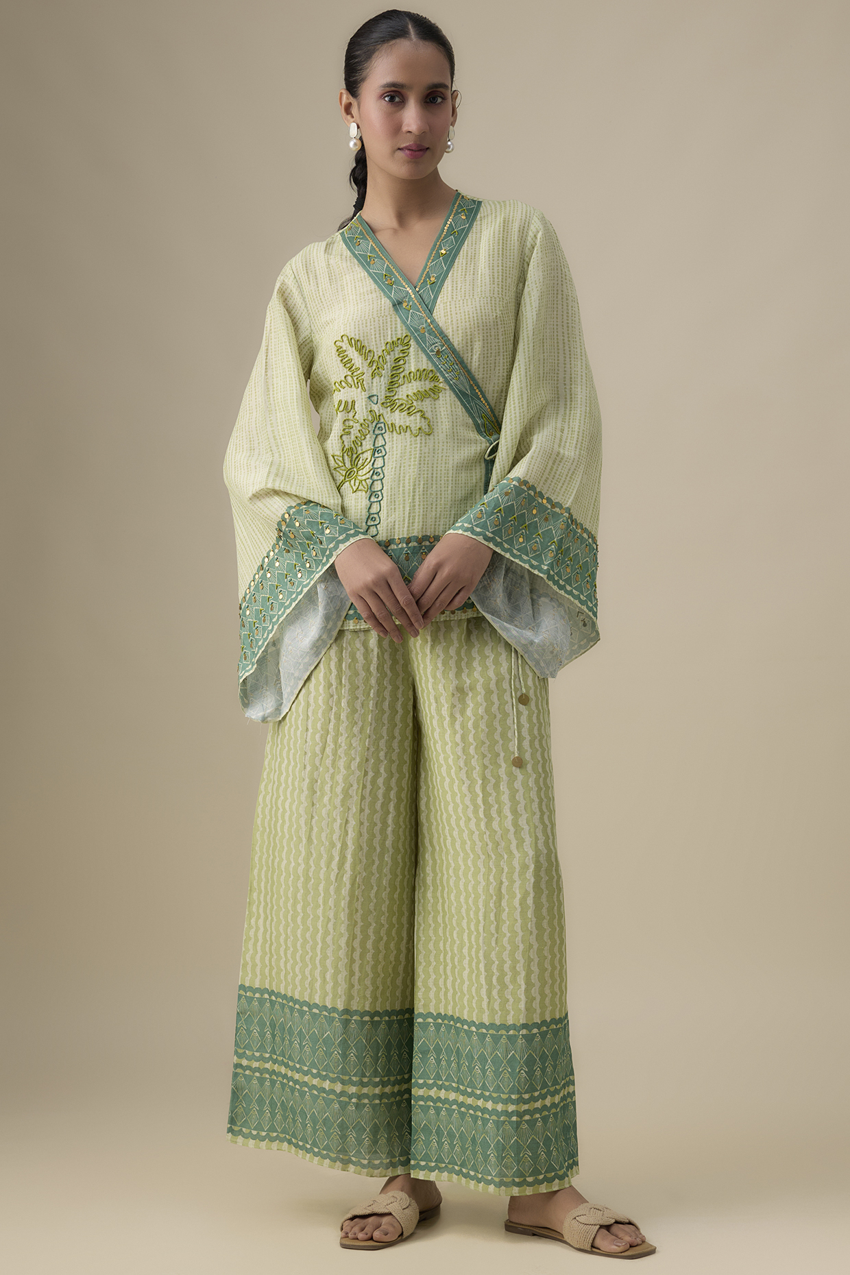 Sage Green Linen Printed & Embroidered Co-Ord Set by Soup by Sougat Paul at Pernia's Pop Up Shop