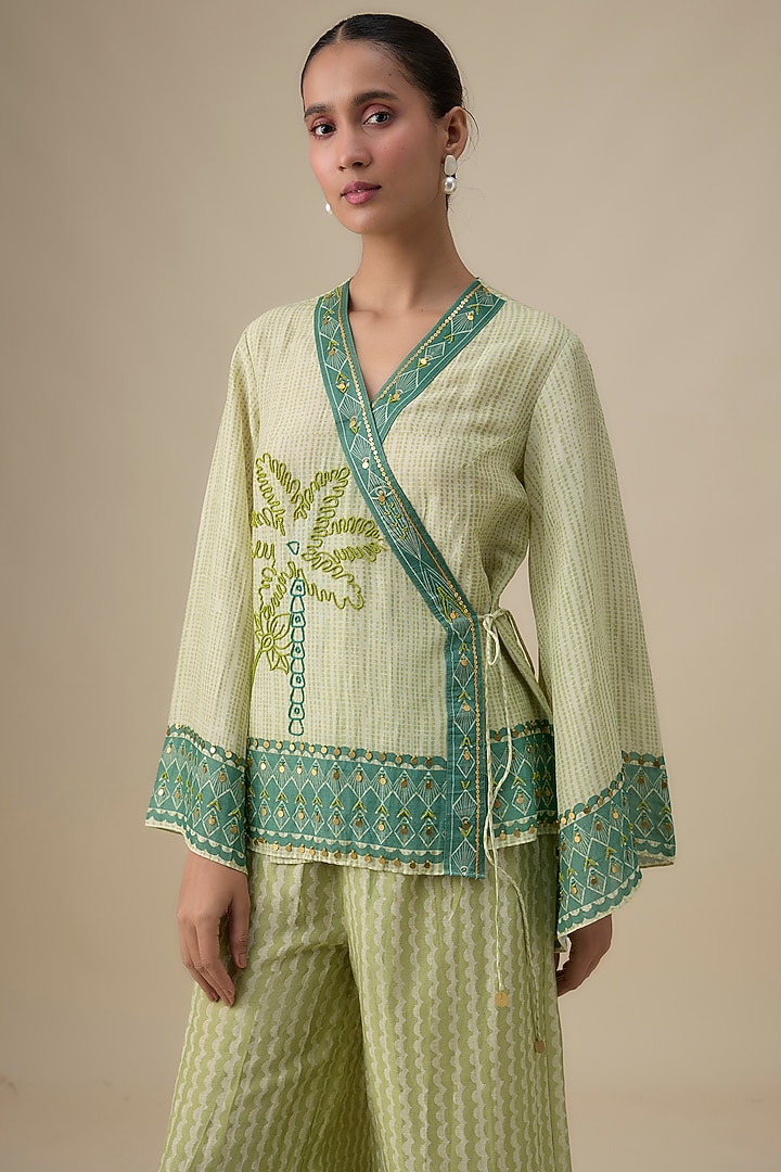 Sage Green Linen Printed & Embroidered Co-Ord Set by Soup by Sougat Paul at Pernia's Pop Up Shop