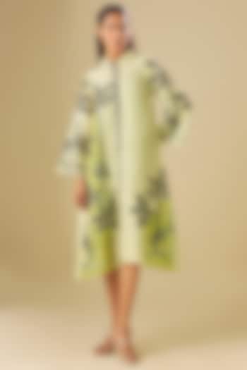 Green Linen & Cotton Net Applique Hand Embroidered Vacation Dress by Soup by Sougat Paul at Pernia's Pop Up Shop