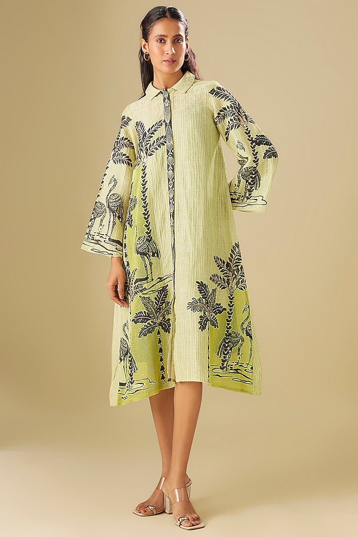 Green Linen & Cotton Net Applique Hand Embroidered Vacation Dress by Soup by Sougat Paul at Pernia's Pop Up Shop