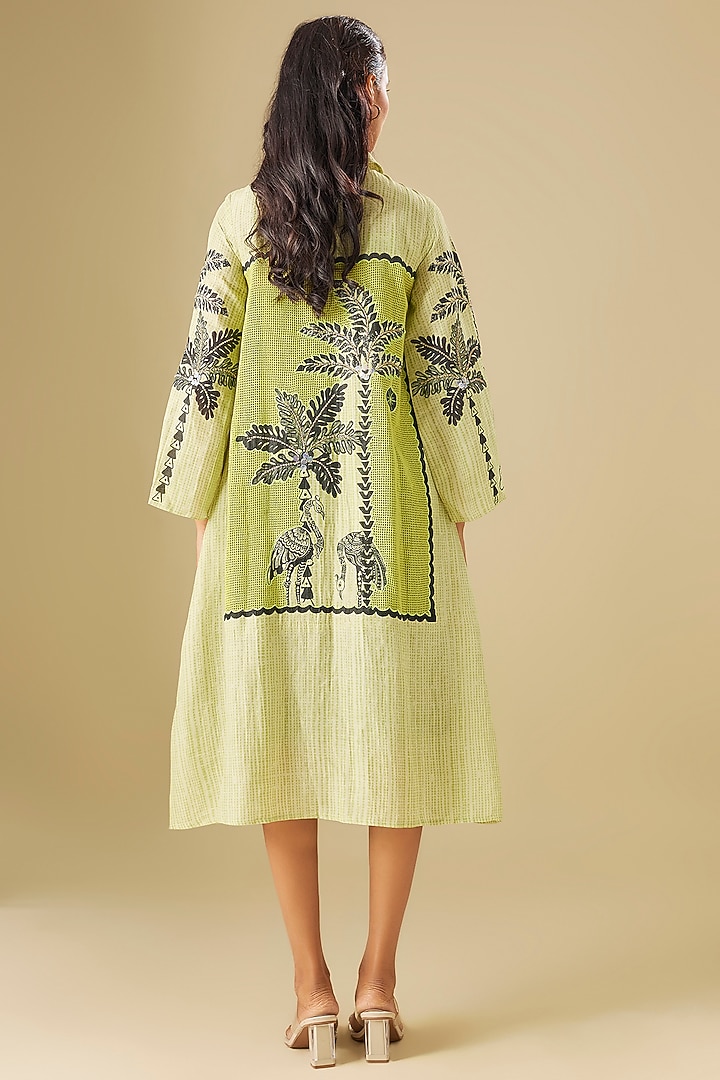Green Linen & Cotton Net Applique Hand Embroidered Vacation Dress by Soup by Sougat Paul at Pernia's Pop Up Shop