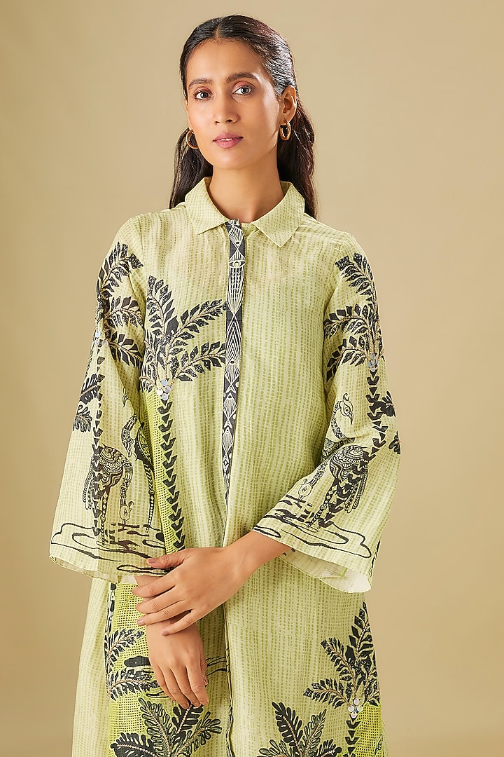 Green Linen & Cotton Net Applique Hand Embroidered Vacation Dress by Soup by Sougat Paul at Pernia's Pop Up Shop