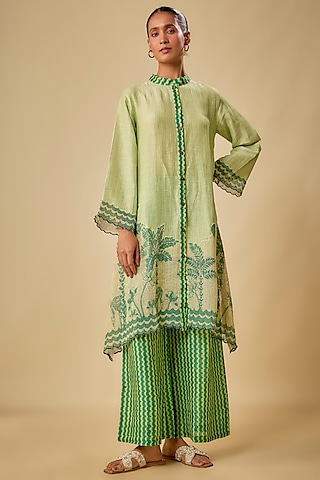 Green Linen Embellished Kurta Set by Soup by Sougat Paul