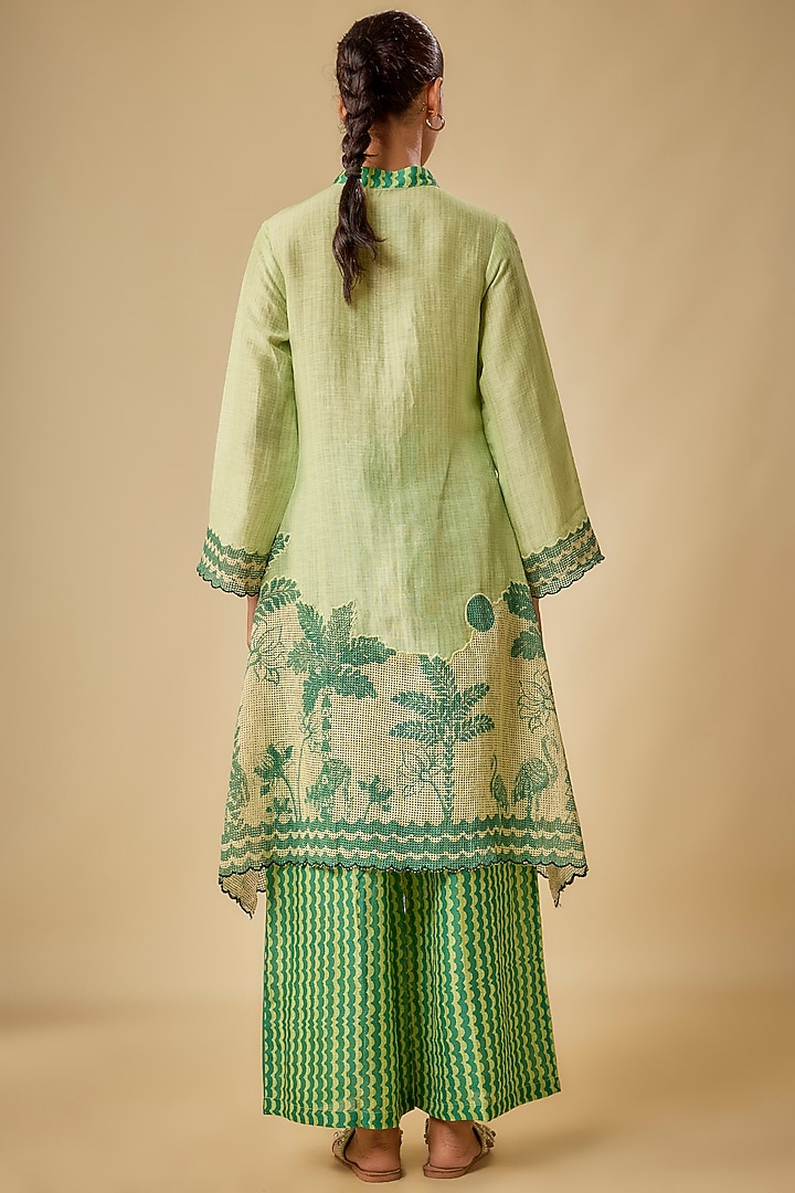 Green Linen Embellished Kurta Set by Soup by Sougat Paul at Pernia's Pop Up Shop