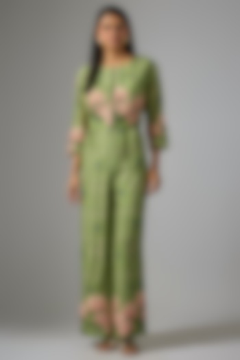 Green Linen Cotton Hand Embroidered Jumpsuit With Jacket by Soup by Sougat Paul at Pernia's Pop Up Shop