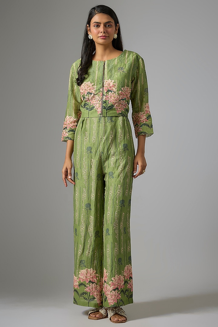 Green Linen Cotton Hand Embroidered Jumpsuit With Jacket by Soup by Sougat Paul at Pernia's Pop Up Shop