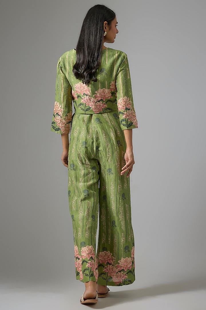 Green Linen Cotton Hand Embroidered Jumpsuit With Jacket by Soup by Sougat Paul at Pernia's Pop Up Shop