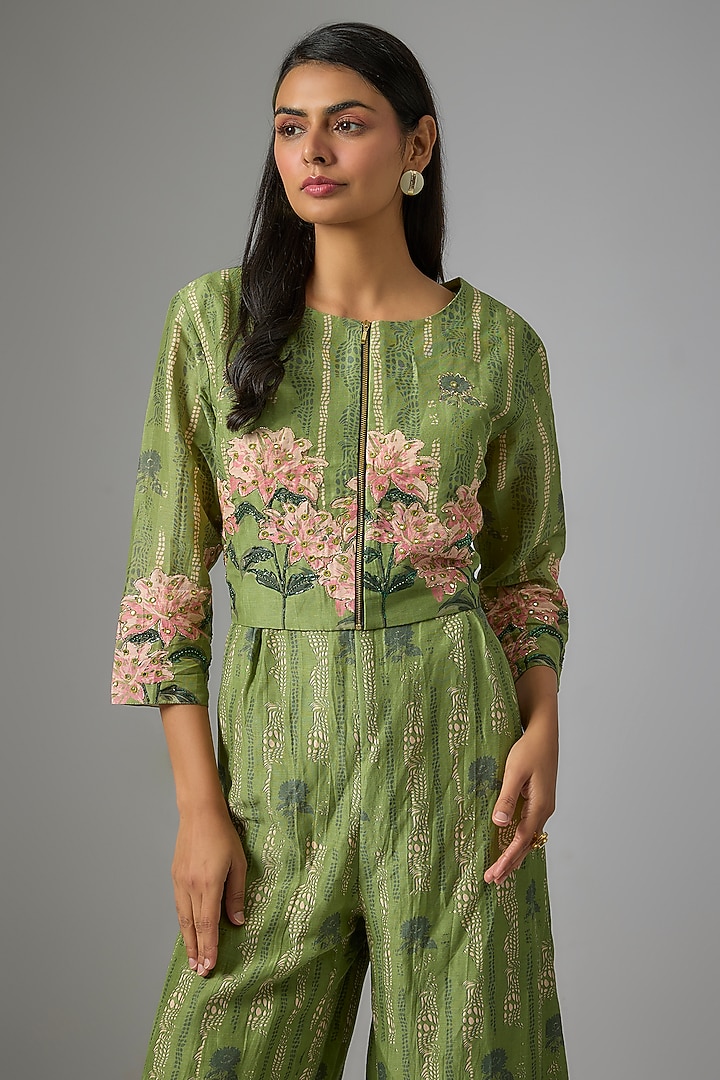Green Linen Cotton Hand Embroidered Jumpsuit With Jacket by Soup by Sougat Paul at Pernia's Pop Up Shop
