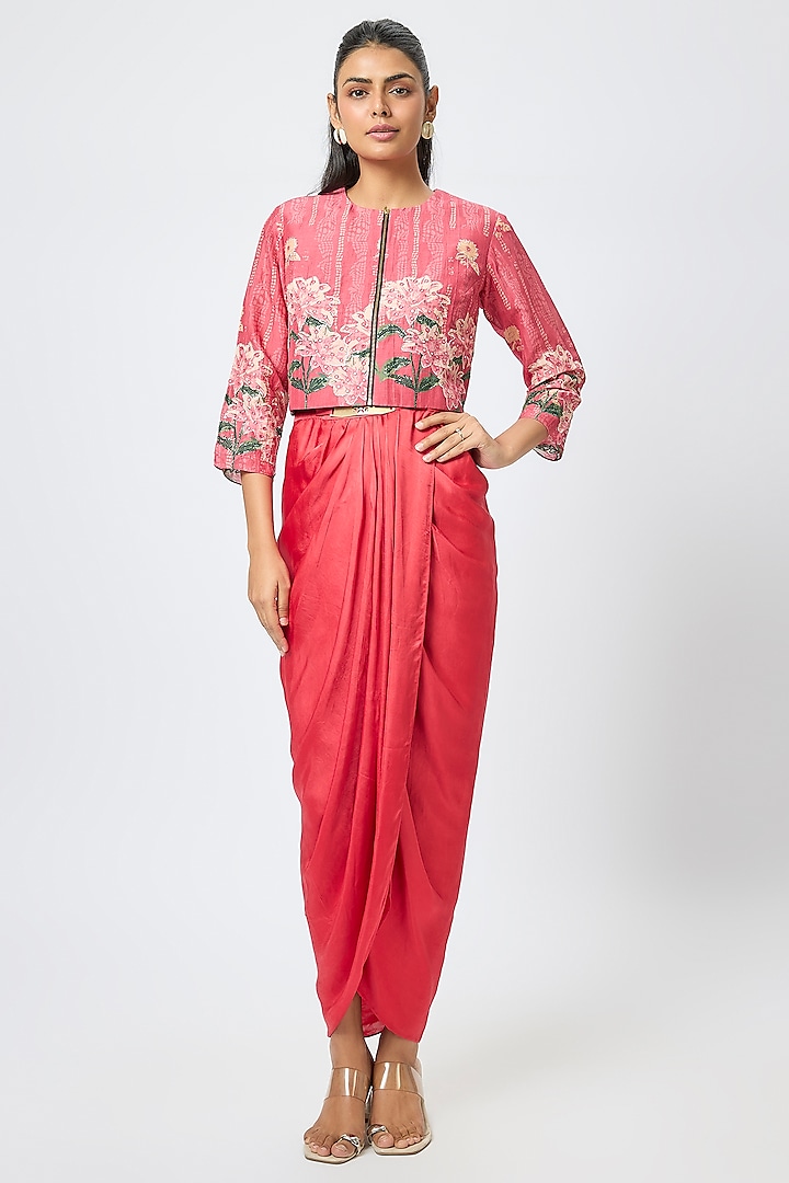 Pink Satin & Linen Embroidered Jacket Vacation Dress by Soup by Sougat Paul at Pernia's Pop Up Shop