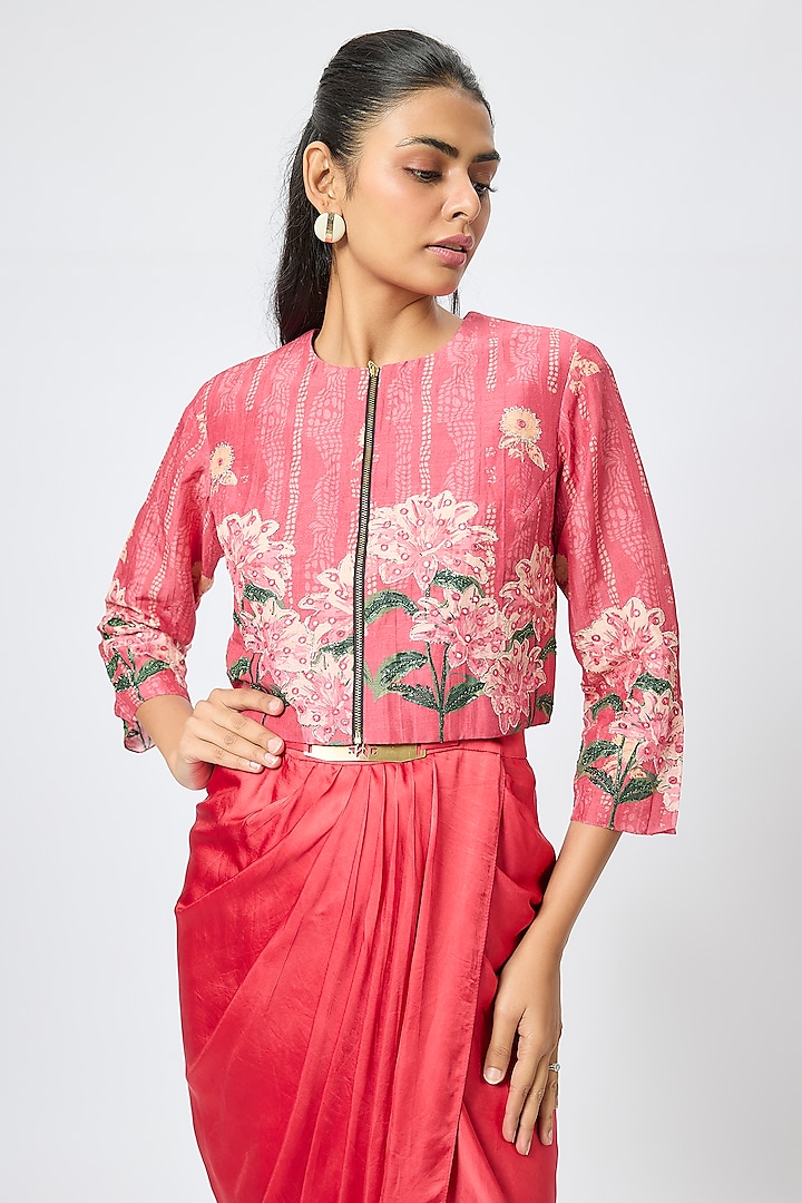 Pink Satin & Linen Embroidered Jacket Vacation Dress by Soup by Sougat Paul at Pernia's Pop Up Shop
