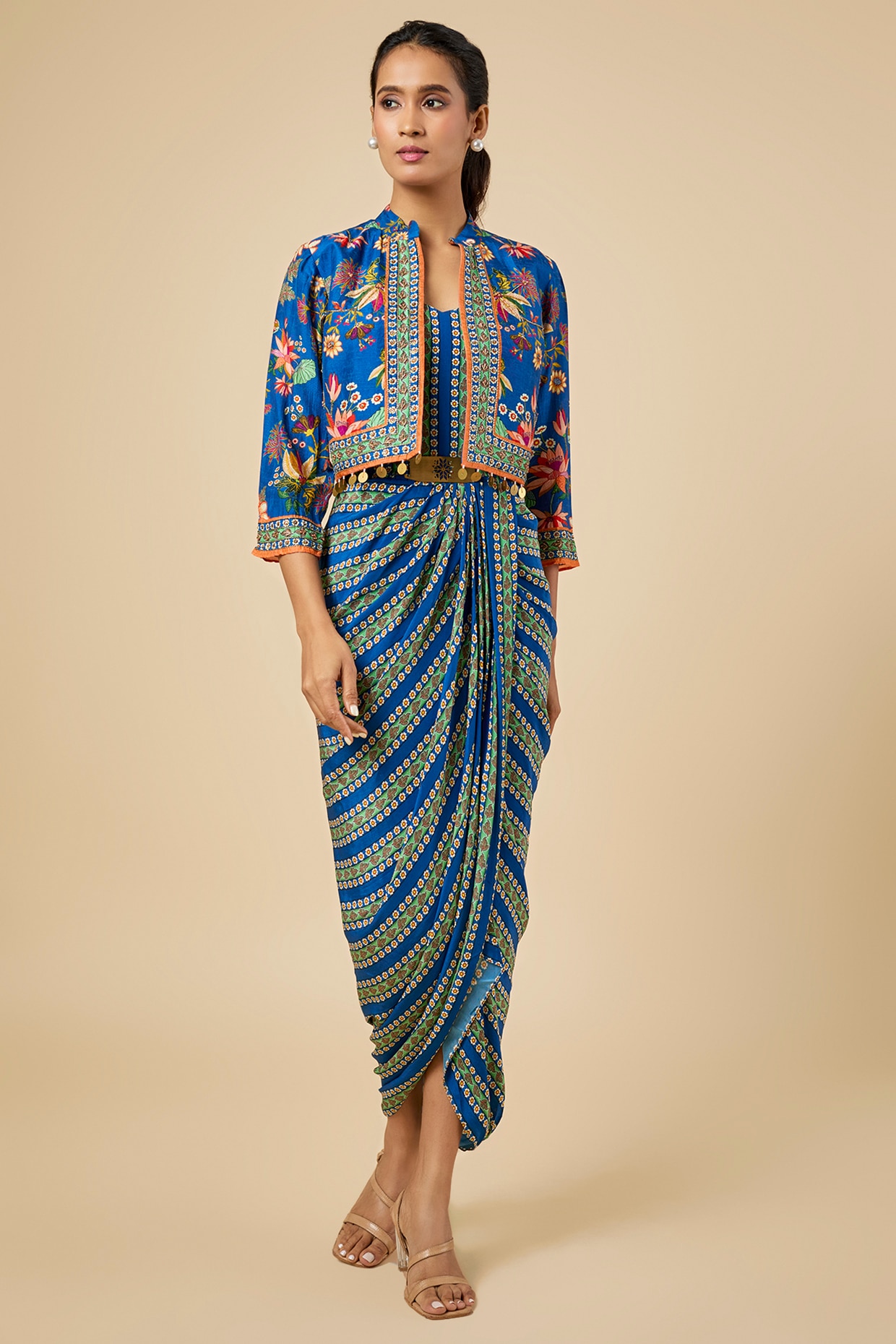 Soup by Sougat Paul Teal Crepe Printed & Embroidered Jacket Dress