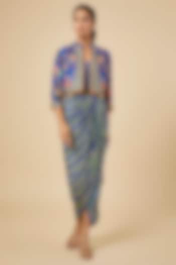 Teal Crepe Printed & Embroidered Jacket Vacation Dress by Soup by Sougat Paul at Pernia's Pop Up Shop