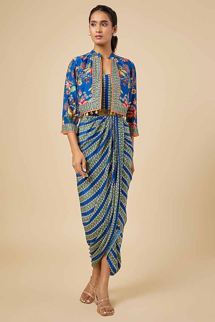 Teal Crepe Printed & Embroidered Jacket Vacation Dress by Soup by Sougat Paul at Pernia's Pop Up Shop