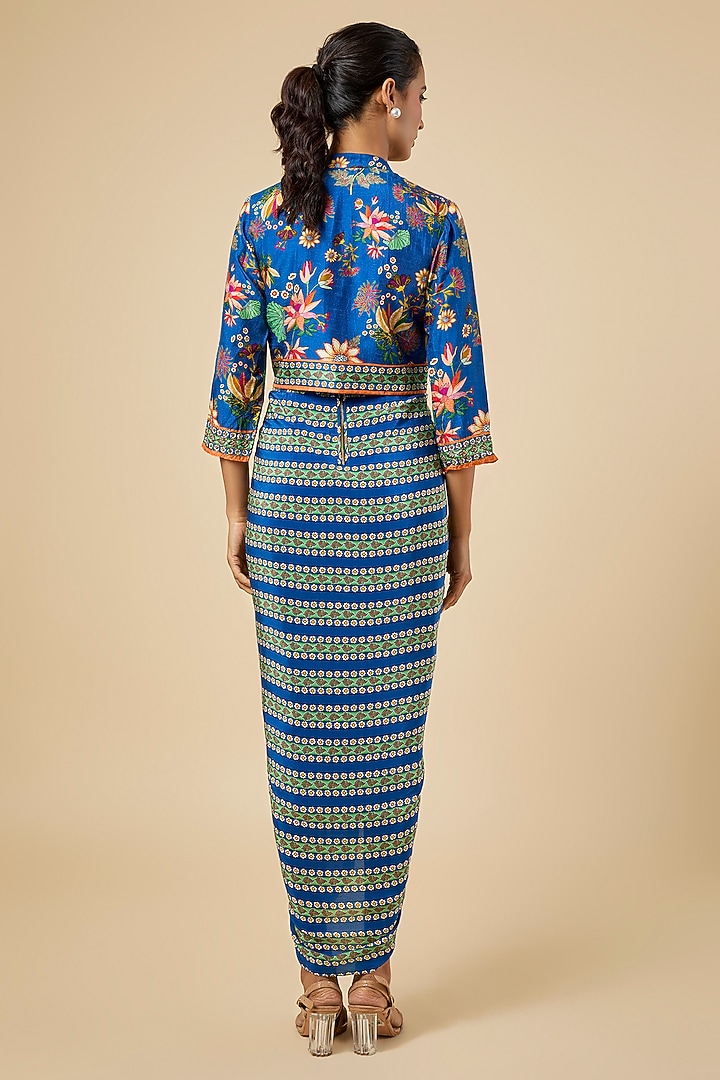 Teal Crepe Printed & Embroidered Jacket Vacation Dress by Soup by Sougat Paul at Pernia's Pop Up Shop
