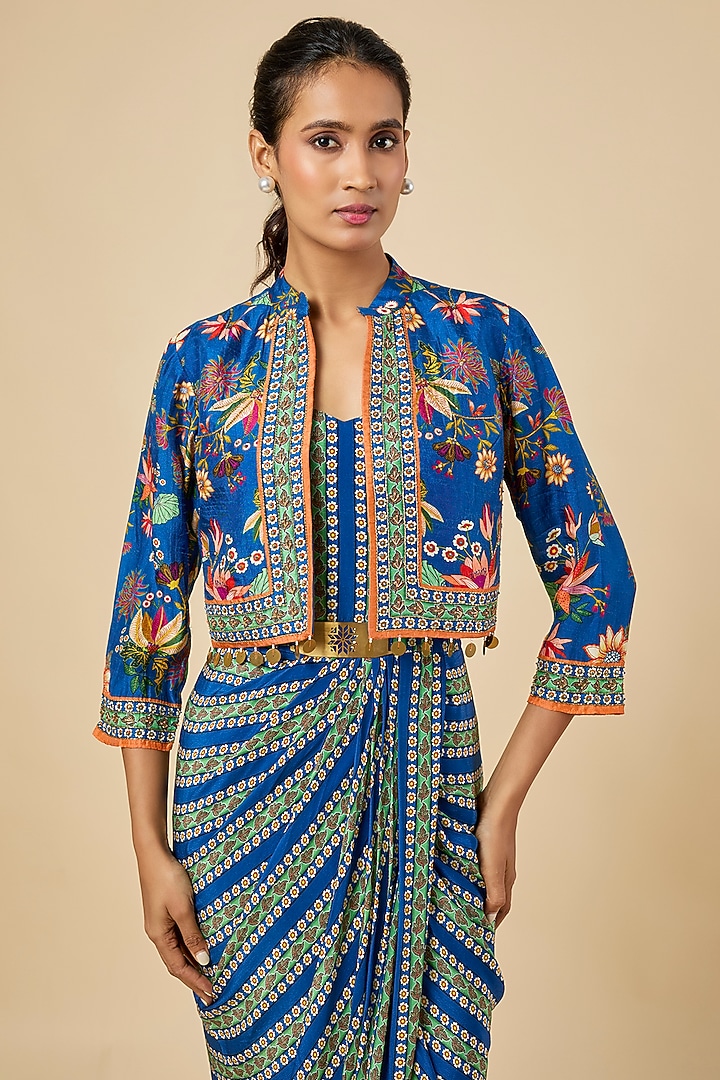 Teal Crepe Printed & Embroidered Jacket Vacation Dress by Soup by Sougat Paul at Pernia's Pop Up Shop