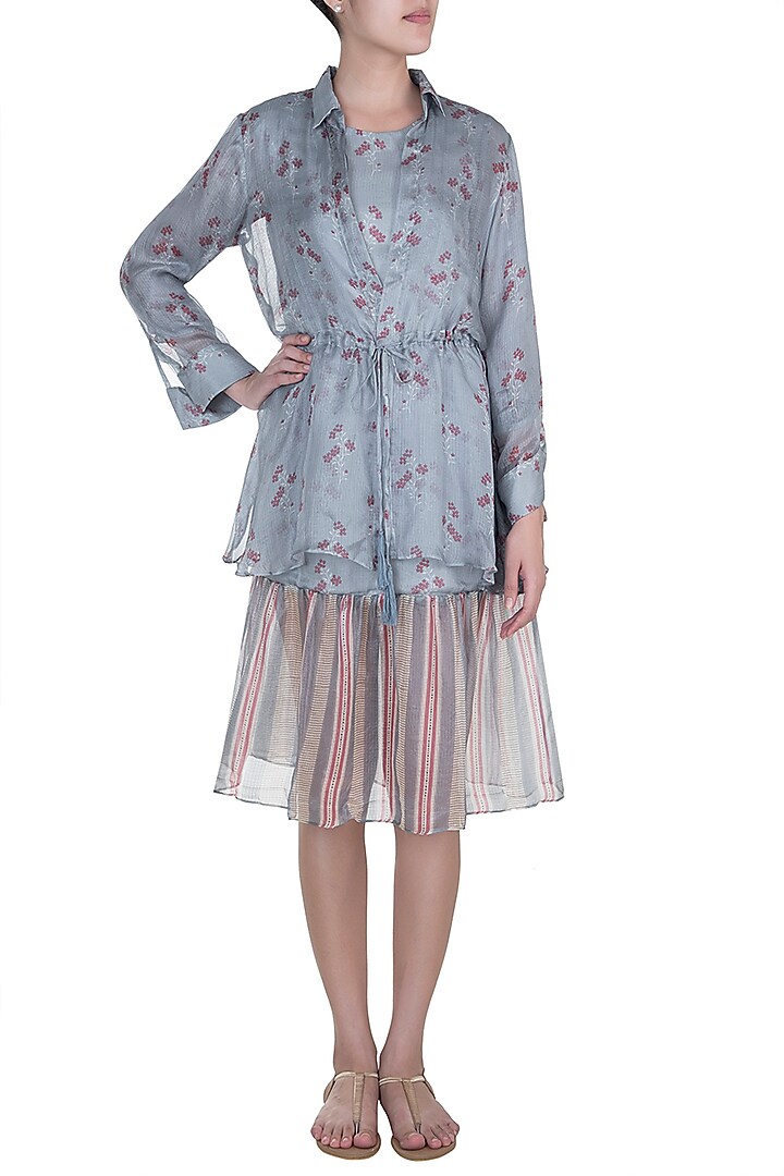 Sky Blue Printed Summer Dress With Jacket by Label SO US at Pernia's Pop Up Shop