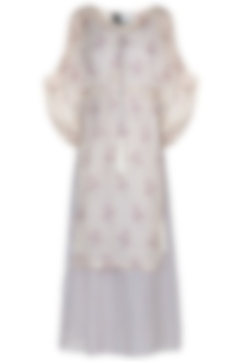 Off White Printed Midi Dress With Kimono Jacket by Label SO US