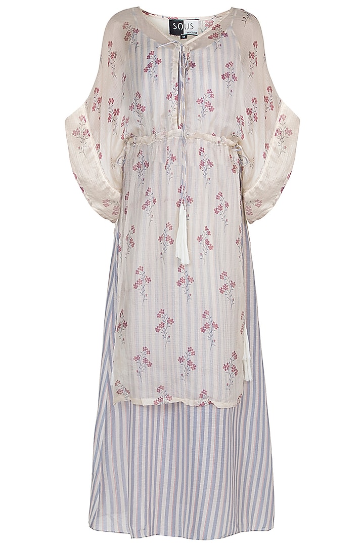 Off White Printed Midi Dress With Kimono Jacket by Label SO US