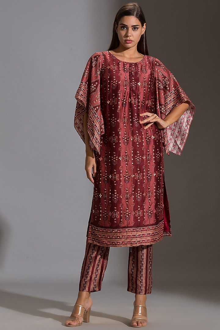 Maroon Embroidered & Printed Kurta Set by Soup by Sougat Paul