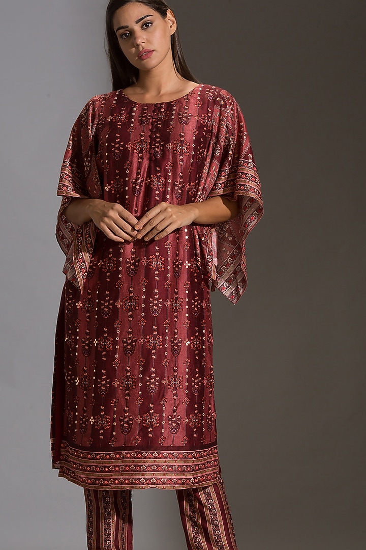 Maroon Embroidered & Printed Kurta Set by Soup by Sougat Paul at Pernia's Pop Up Shop