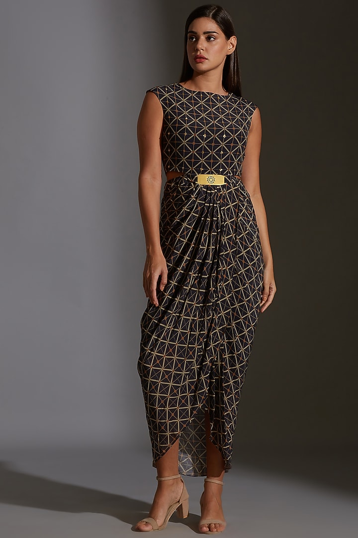 Persian Blue Printed & Embroidered Dhoti Vacation Dress by Soup by Sougat Paul at Pernia's Pop Up Shop
