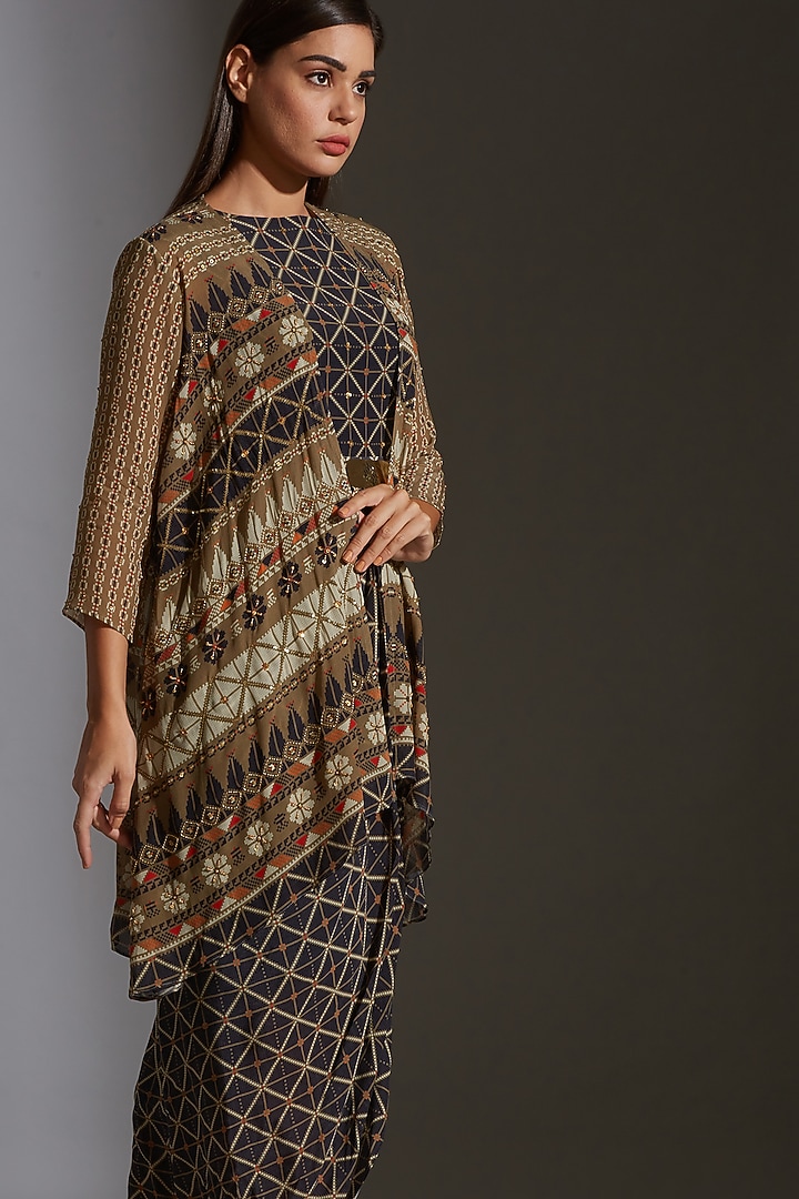 Persian Blue Printed & Embroidered Dhoti Vacation Dress by Soup by Sougat Paul at Pernia's Pop Up Shop