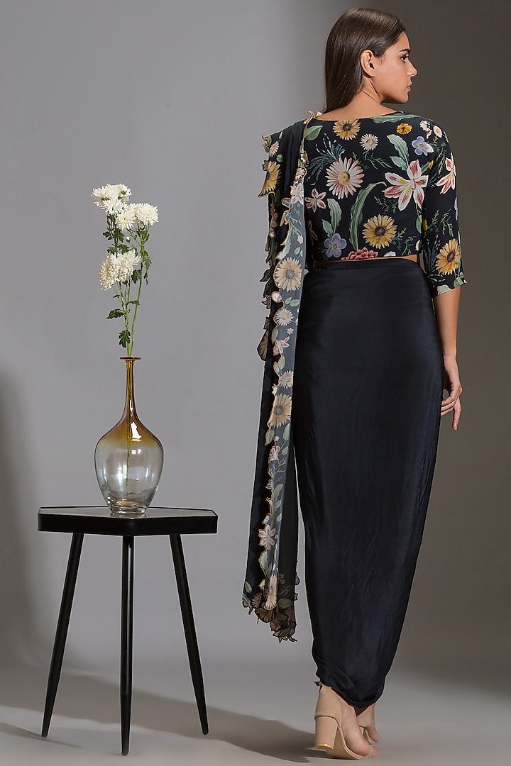 Dark Blue Crepe Embroidered Draped Party Wear Saree Set by Soup by Sougat Paul at Pernia's Pop Up Shop