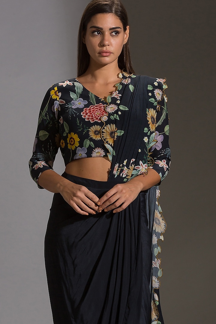 Dark Blue Crepe Embroidered Draped Party Wear Saree Set by Soup by Sougat Paul at Pernia's Pop Up Shop