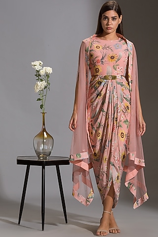 Blush Pink Dress With Cape by Soup by Sougat Paul