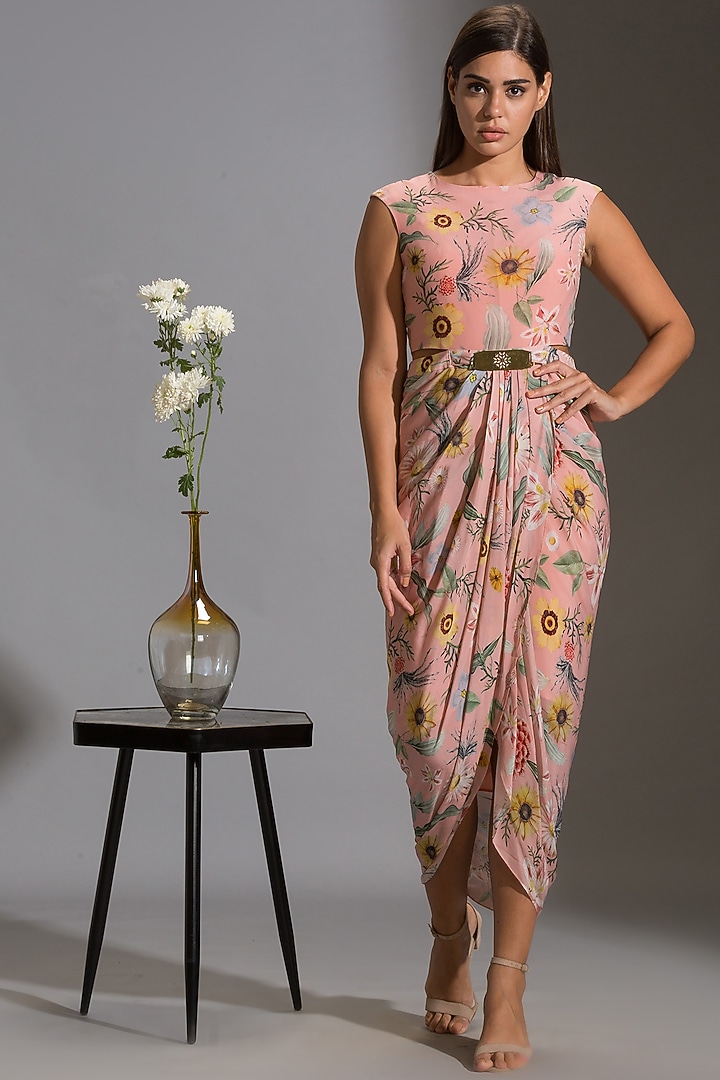 Blush Pink Vacation Dress With Cape by Soup by Sougat Paul at Pernia's Pop Up Shop