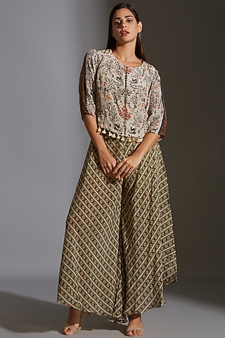 Beige Printed & Embroidered Jacket Set by Soup by Sougat Paul