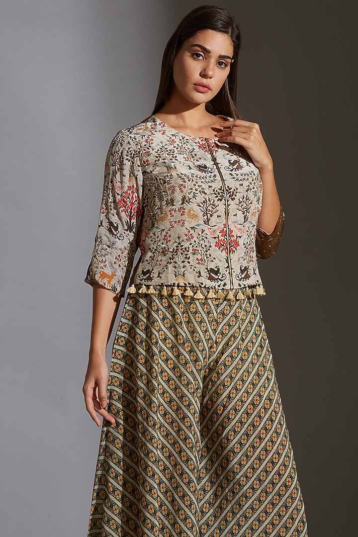 Beige Printed & Embroidered Jacket Set by Soup by Sougat Paul at Pernia's Pop Up Shop