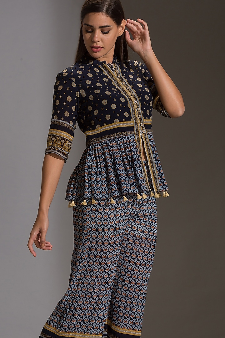 Blue Printed Pant Set With Tassels by Soup by Sougat Paul at Pernia's Pop Up Shop