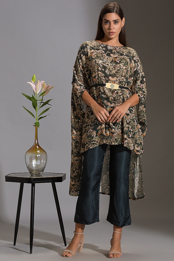 Bottle Green Printed & Embroidered Pant Set  by Soup by Sougat Paul at Pernia's Pop Up Shop