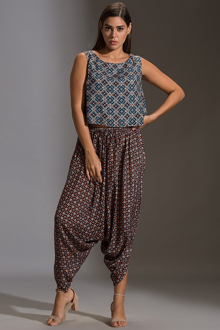 Blue Printed Dhoti Pant Set by Soup by Sougat Paul at Pernia's Pop Up Shop