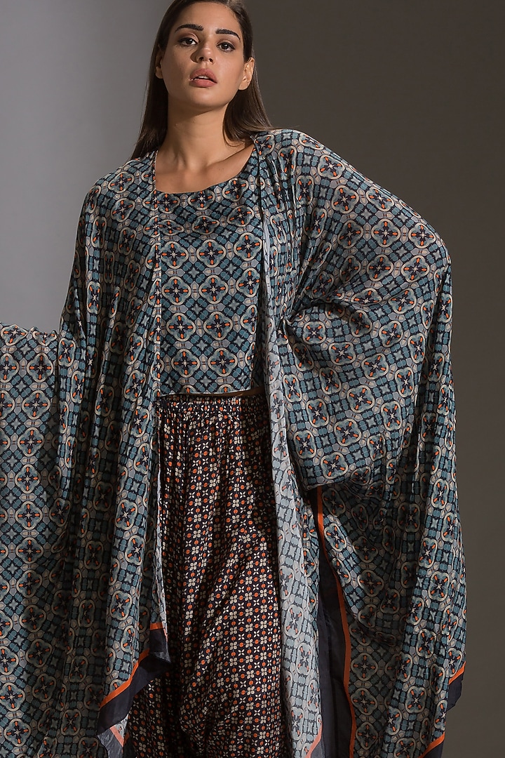 Blue Printed Dhoti Pant Set by Soup by Sougat Paul at Pernia's Pop Up Shop