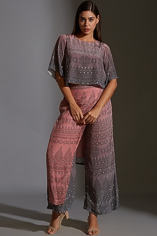 Pink & Grey Hand Embroidered Flap Pant Set by Soup by Sougat Paul